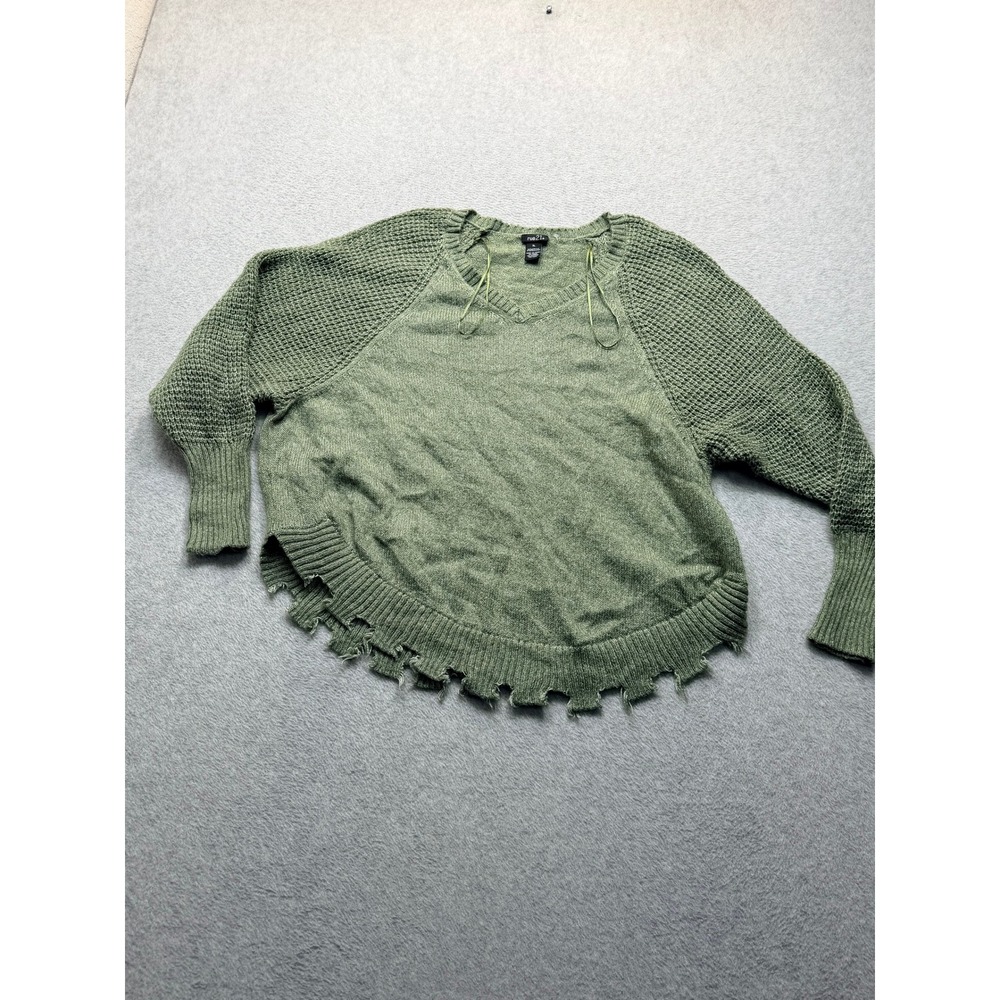 Rue21 Green Waffle Knit Distressed Hem V-Neck Sweater XL